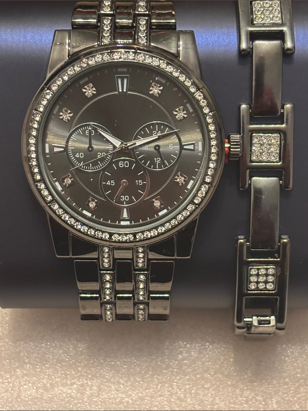 Crystal-Accent Black Bracelet Watch with Matching Link Bracelet